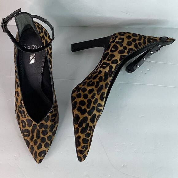 Sarto By FRANK SARTO A-Sarah Heel Calf Hair Cheetah Print Pointy Toe Brown SZ 8 - Picture 2 of 12